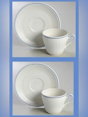 2 White Porcelain Villeroy and Boch Filet Bleu Teacups and Saucers Discontinued